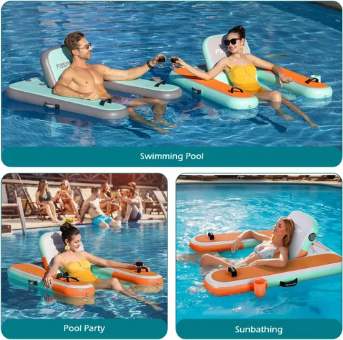 Miniatura 7 de FBSPORT Tumbona inflable para piscina para adultos, silla flotante de agua, balsa flotante de piscina con soporte para tazas y respaldo