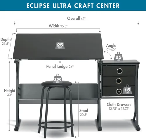 Miniatura 3 de Eclipse Ultra - Mesa de dibujo con taburete, parte superior ajustable en ángulo, estantes de almacenamiento y cajones de 2 piezas