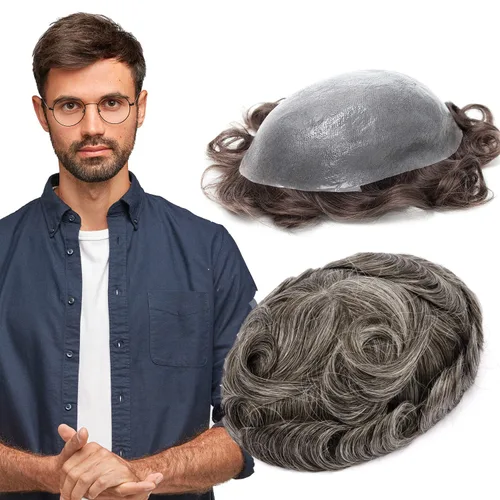 Miniatura 10 de GEXWORLDWIDE GEX 62 colores tupé para hombres 0.002 in piel ultra fina V-loop 8x10 pulgadas cabello humano conjunto gris densidad densidad densidad