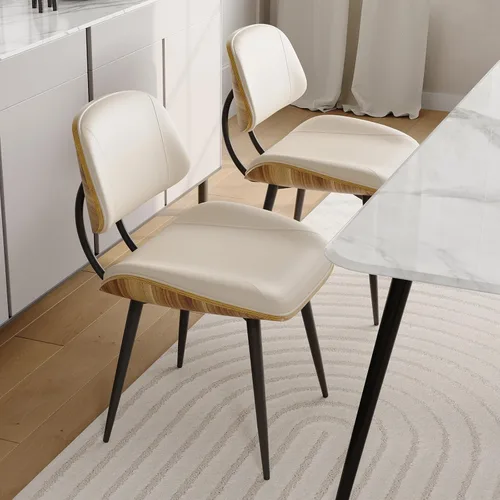 Miniatura 6 de Juego de 2 sillas de comedor modernas de mediados de siglo, sillas de cocina sin brazos de piel sintética con respaldo de madera curvada de nogal