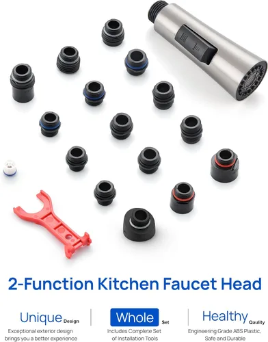 Miniatura 8 de J-HVA Repuesto de cabezal de grifo de cocina de metal, cabezal rociador desplegable con 15 adaptadores, 2 modos de repuesto de cabezal de rociador