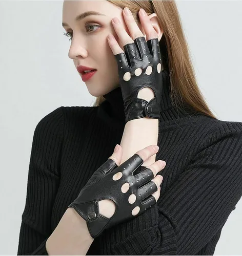 Miniatura 3 de FLORVIV Guantes negros sin dedos de piel sintética gótica gótica Cosplay disfraz punk Halloween actuación para mujeres y niñas