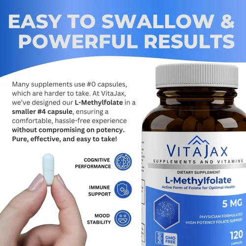 Miniatura 4 de L Metilfolato 5 mg 120 cápsulas Paquete económico Potencia máxima Folato activo Sin gluten Folato de metilo 5-MTHF Sin relleno