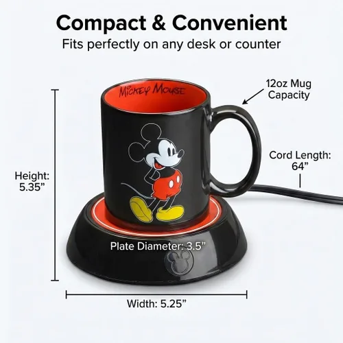 Miniatura 7 de Calentador de Tazas Mickey Mouse de Disney con Taza de 12 oz por Select Brands - Calentador de Tazas de Café con Taza de Cerámica Incluida - Plato
