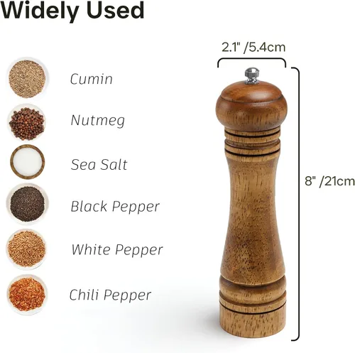 Miniatura 4 de Molinillo de sal y pimienta de madera, molinillo de sal y pimienta, cocteleras de madera de roble con molinillos de cerámica ajustables, 8 pulgadas