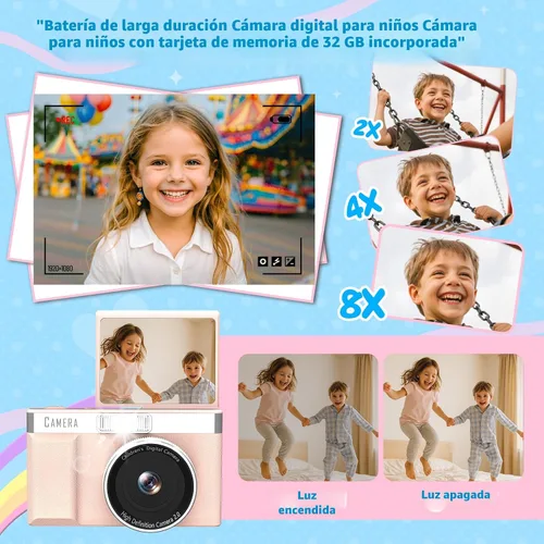 Miniatura 5 de Cámara digital para niños con pantalla abatible de 180°, tarjeta de memoria de 32 GB, cámaras digitales de apuntar y disparar HD de 1080P