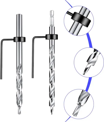 Miniatura 3 de 4 piezas de broca de orificio de bolsillo de 3/8 pulgada con collar de tope de profundidad, vástago hexagonal de 1/4 y vástago redondo de repuesto