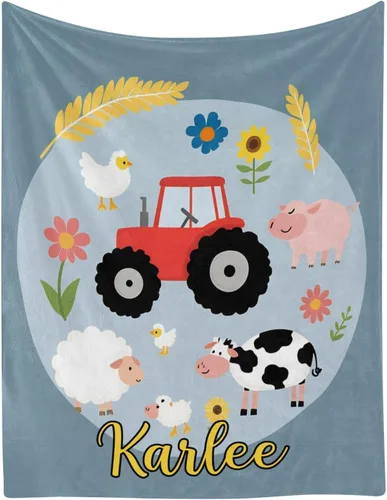 Manta de bebé personalizada con diseño de tractor de animales de granja con nombre, manta de forro polar suave para niñas, niños, recién nacidos,