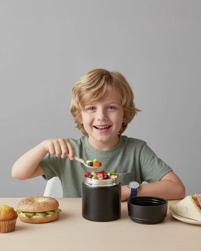 Miniatura 2 de Termo de Sopa de 10 oz para Comida Caliente para Niños, Frasco de Comida Aislado con Cuchara de Boca Ancha, Contenedor de Almuerzo de Acero Negro