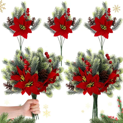Miniatura 8 de Ramo de flores de Pascua artificiales de terciopelo rojo de 13.4 pulgadas, para exteriores, con cono de pino, bayas rojas, agujas de pino, plantas