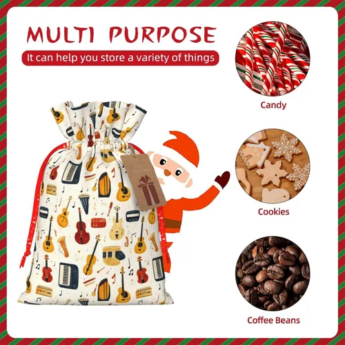 Miniatura 3 de Bolsas de regalo con estampado de instrumentos musicales retro, bolsas de regalo de Navidad reutilizables con cordón y etiqueta de regalo