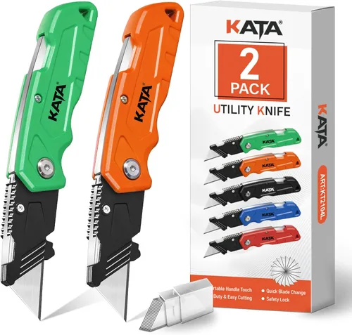 Miniatura 11 de KATA Cuchillos de corte de caja plegables: paquete de 4 cuchillos utilitarios resistentes para cajas de bolsillo – 20 hojas de afeitar adicionales