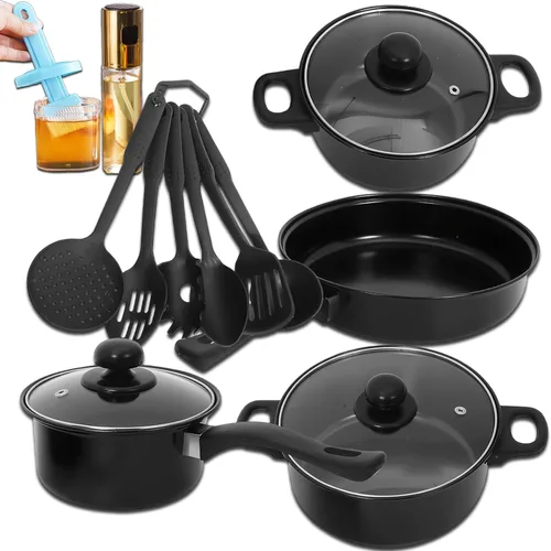 Juego de utensilios de cocina de aluminio antiadherente de 7 piezas, ollas y sartenes, juegos de ollas y sartenes antiadherentes con tapas para Negro