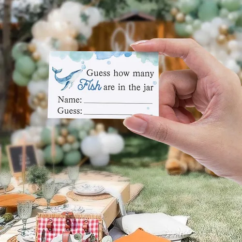 Miniatura 4 de Guess How Many Fish in the Sea Mermaid Party Game ,How Many Candy Sharks Game， Watercolor Ocean Themed Baby Showers Decorations Game(1 Sign+50