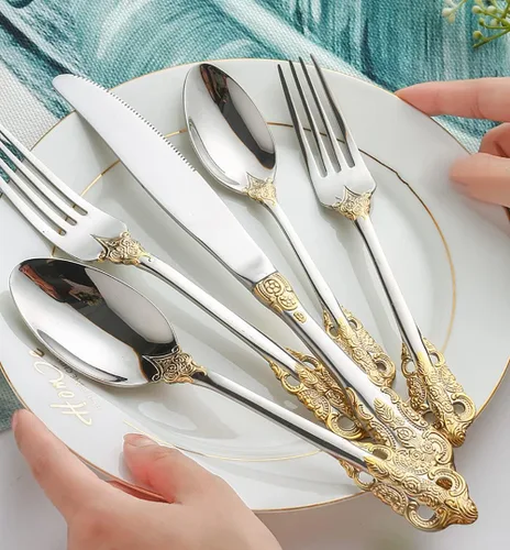 Miniatura 5 de IKXO Retro Royal - Juego de cubiertos de acero inoxidable de grado alimenticio con ribete chapado en oro para reuniones, bodas, fiestas de Navidad