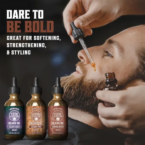 Miniatura 2 de Viking Revolution Aceite para barba para hombre, paquete de 3 unidades, juego variado de aceite natural para barba para hombre, aroma de sándalo