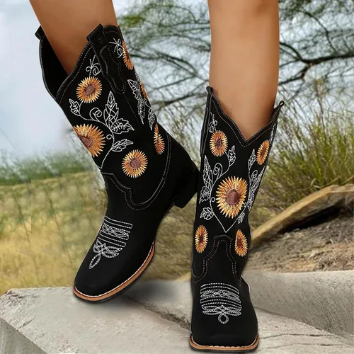 Miniatura 2 de HINDOLA Botas vaqueras para mujer, botas vaqueras de media pantorrilla, botas occidentales con bordado de girasol, punta cuadrada, tacón bajo, botas