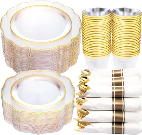 Miniatura 22 de NOCCUR 175 platos de plástico color oro rosa con cubiertos desechables, incluye 25 platos de cena, 25 platos de postre, 25 tenedores, 25 cuchillos
