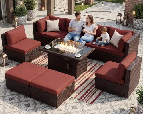 Miniatura 42 de BULEXYARD Juego de muebles de patio de respaldo alto de 7 piezas con mesa de fogata de combustible dual propano/gas natural, sofá seccional