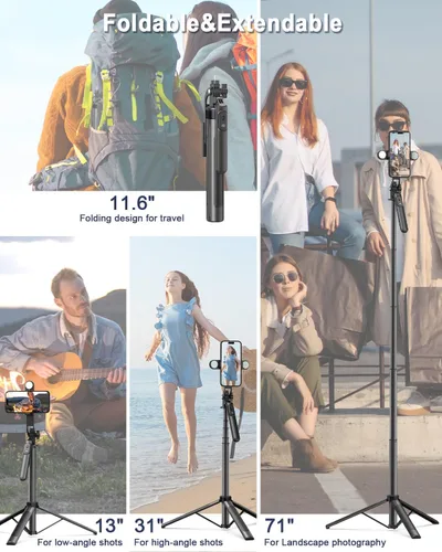 Miniatura 6 de Yeaki Trípode de teléfono de 71 pulgadas, trípode para iPhone con luz de relleno y control remoto recargable, soporte de aluminio para teléfono