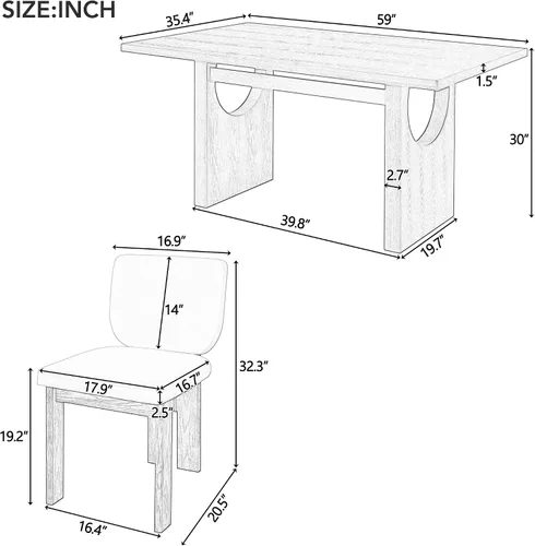 Miniatura 2 de Merax Juego de comedor retro de 7 piezas para 6, mesa rectangular de madera de goma con base de caballete diseñada y 6 sillas tapizadas para comedor
