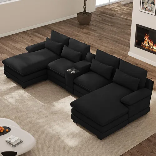 Miniatura 17 de Sofá seccional en forma de U de 132 pulgadas, mullido y afelpado de pana de 4 asientos, sofás seccionales color negro para sala de estar, cómodo