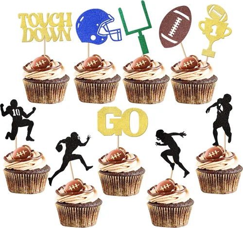 Miniatura 8 de Oh Baby - Juego de 24 adornos para cupcakes de fútbol americano con purpurina para decoración de cupcakes de fútbol americano para superrugby