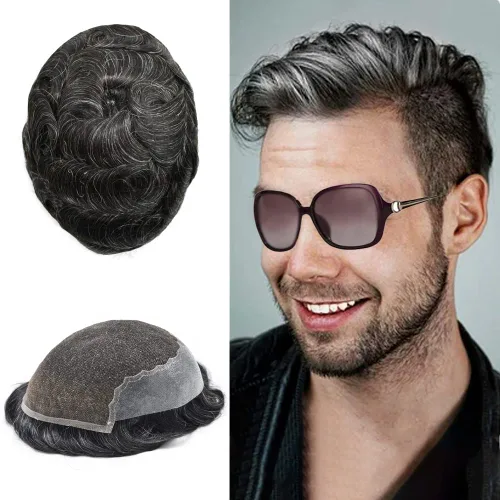Miniatura 39 de Pieza de pelo Toupee para hombres Sistema de cabello real Sistema de encaje francés para hombre Toupee Sistema de reemplazo de pelo Protesis Capilar
