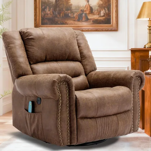Sillón reclinable giratorio manual con calor y vibración, mecedora giratoria de 360°, sillas reclinables ergonómicas para masaje con bolsillos
