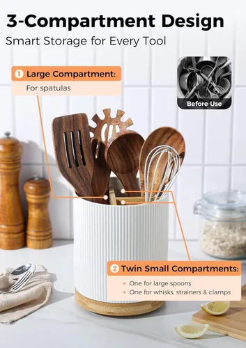 Miniatura 3 de LoeJan Soporte para Utensilios de 3 Compartimentos, Recipiente para Utensilios Extra Grande, Organizador de Utensilios de Cerámica Estable, Juego