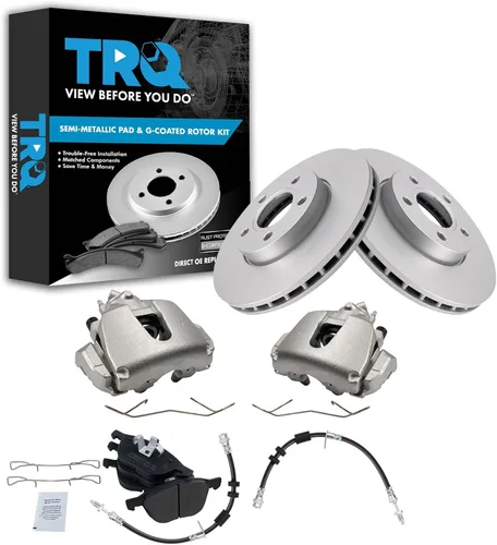 Miniatura 20 de TRQ Kit de pastillas de freno delantero y rotor, pinza de freno, manguera de freno, rotor de freno, semimetálico, revestimiento G, compatible
