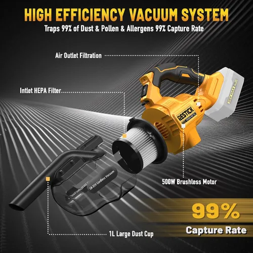 Miniatura 6 de Aspiradora inalámbrica compatible con batería Dewalt de 20 V (sin batería), 50 kPa 125 AW de succión fuerte 5 filtros HEPA Boquilla 4 en 1