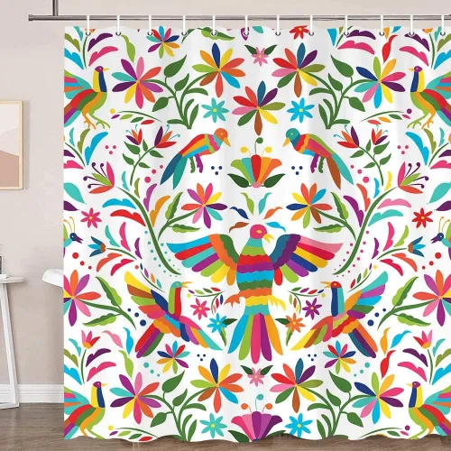 Miniatura 9 de Cortina de ducha con diseño floral de México, para baño, estilo tradicional mexicano Bluebird Otomi, diseño brillante, tela de cachemira, tela