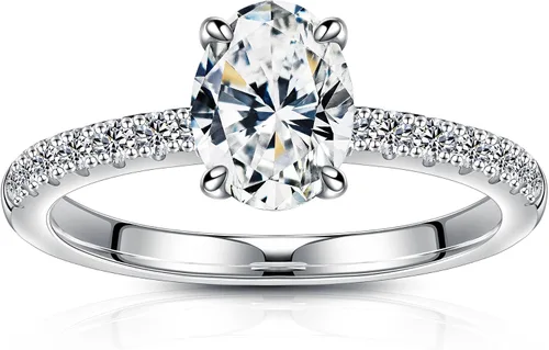 SMILEST 1.5 CT Oval Moissanite Engagement Rings, Lab Created Moissanite Ring 925 Sterling Silver Side Stone Rings for Women Wife Anniversary Jewelry