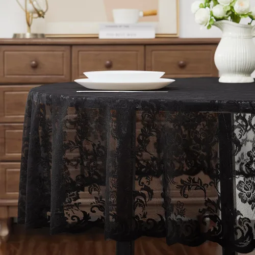 Miniatura 3 de ASATEX Mantel de encaje redondo negro de 36 pulgadas. El patrón floral clásico y elegante es la elección ideal para cualquier comedor de lujo
