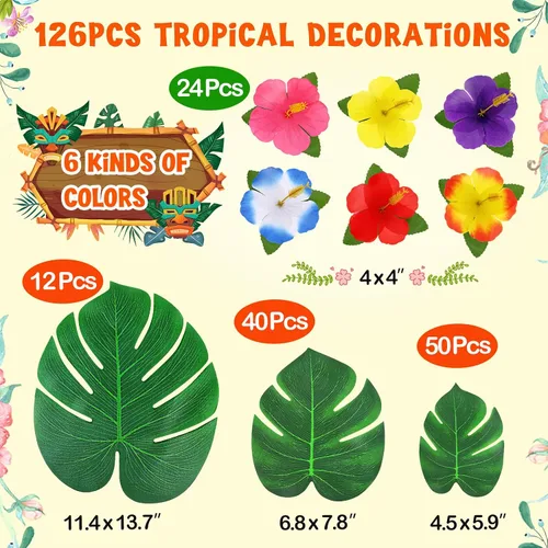 Miniatura 7 de 126 piezas de suministros para decoraciones de fiesta Luau, hojas de palma tropicales, flores de hibisco, hojas artificiales simuladas para fiestas