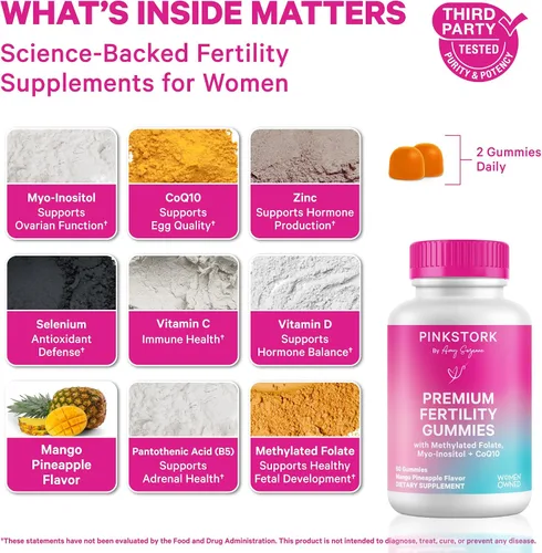 Miniatura 3 de Pink Stork Gomitas de fertilidad prémium Suplementos de fertilidad para mujeres con CoQ10, mio-inositol + vitaminas prenatales Apoyo a