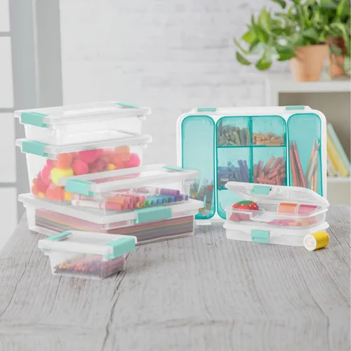 Miniatura 5 de Sterilite Paquete de 8 cajas de clip, contenedores apilables de plástico transparente con tapas de cierre, tamaño mediano, suministros de escritura