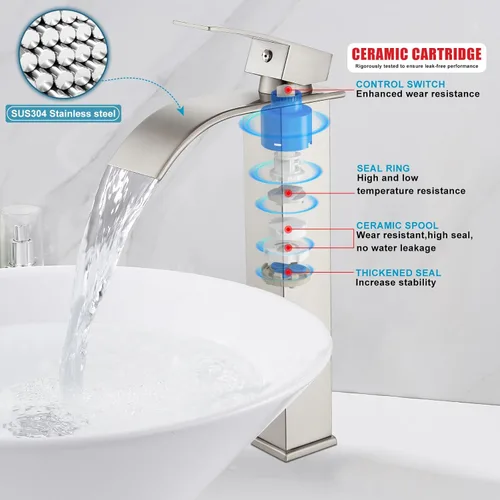Miniatura 9 de Midanya Grifos altos de lavabo de cascada para lavabo, lavabo, lavabo de una sola manija, 1 agujero, moderno, con mangueras de drenaje emergentes