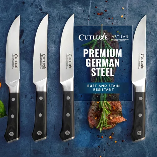 Miniatura 8 de Cutluxe Juego de 4 cuchillos para carne, juego de cuchillos para carne de borde recto, acero alemán forjado de alto carbono, espiga completa, diseño