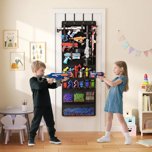 Miniatura 2 de Organizador sobre la puerta para pistolas de juguete, colgador de puerta con bolsillos y ranuras para lanzadores de espuma, dardos, gafas