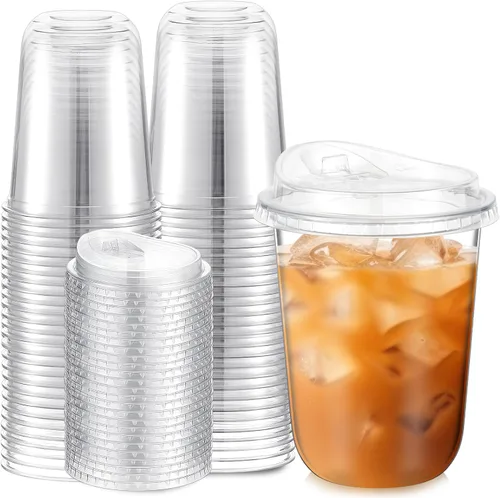 Paquete de 25 vasos de plástico transparente de 16 onzas con tapas para sorber sin pajilla, desechables para café helado para mascotas, taza de
