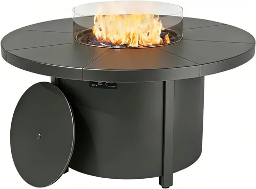 Mesa redonda de propano de 48 pulgadas, 55000 BTU de combustión automática de gas con mesa de acero, llama ajustable, parabrisas, tapa y