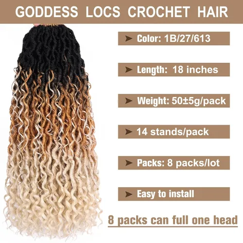 Miniatura 2 de COOKOO 18 pulgadas 8 piezas Faux Locs de diosa prerizados para ganchillo con extremos rizados 14 mechones/paquete trenzas bohemias rizadas
