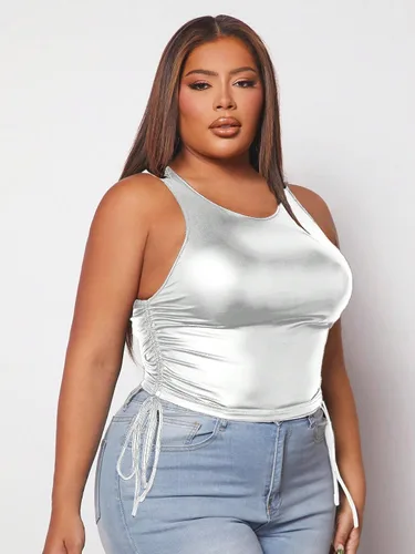 Miniatura 4 de Floerns Camiseta corta sin mangas con cordón para mujer, talla grande, metálica