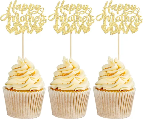 Miniatura 28 de Gyufise 1 pieza de decoración de pastel para el Día de la Madre con purpurina de corazón Love You Mom Cake Pick Rose Flower Best Mom Cupcake Decor