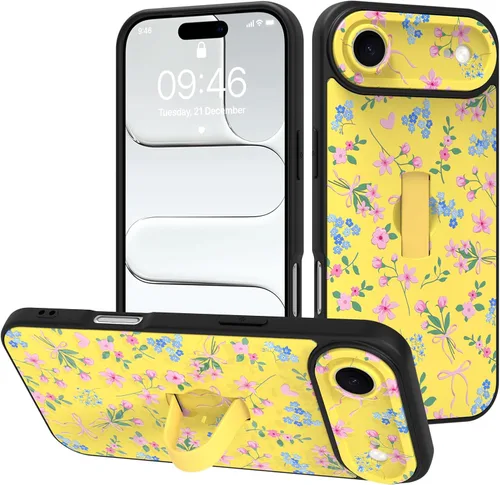 Miniatura 133 de Funda diseñada para iPhone 17 Pro Max con soporte plegable y correa para dedos, bonito patrón de lazo de corazón de flor rosa para mujeres y niñas