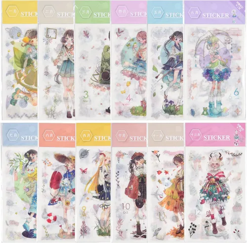 72 hojas de pegatinas de dibujos animados de meses para niña, álbum de recortes - pegatinas washi, papelería para diario, calendario decorativo, 12
