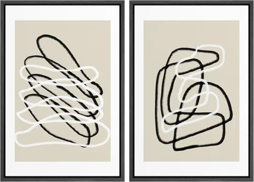 Miniatura 89 de SIGNWIN Lienzo enmarcado para pared, juego de arte de collage de ondas en espiral de mediados de siglo, formas abstractas, acogedor, neutro