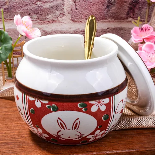 Miniatura 4 de Azucarero de cerámica de estilo japonés con tapa y cuchara, tarro decorativo de condimentos pintado a mano de 4.3 pulgadas para sal, especias
